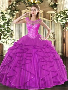 Charming Tulle Sweetheart Sleeveless Lace Up Beading and Ruffles Quinceanera Gowns in Fuchsia
