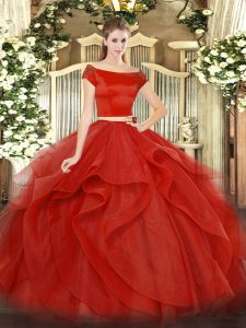 Excellent Red Short Sleeves Tulle Zipper Vestidos de Quinceanera for Military Ball and Sweet 16 and Quinceanera