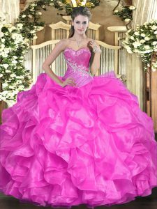Sleeveless Organza Floor Length Lace Up Sweet 16 Dress in Fuchsia with Beading and Ruffles