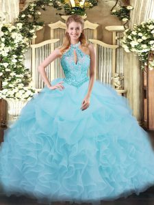 Sexy Aqua Blue Quinceanera Gowns Military Ball and Sweet 16 and Quinceanera with Beading and Ruffles Halter Top Sleeveless Lace Up