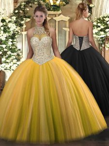 Low Price Sleeveless Floor Length Beading Lace Up Quinceanera Gown with Gold