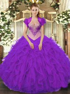 High End Purple Lace Up V-neck Beading and Ruffles Sweet 16 Dresses Organza Sleeveless