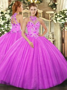 Fuchsia Tulle Lace Up 15 Quinceanera Dress Sleeveless Floor Length Beading and Embroidery