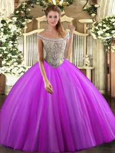 On Sale Floor Length Lace Up Vestidos de Quinceanera Fuchsia for Sweet 16 and Quinceanera with Beading