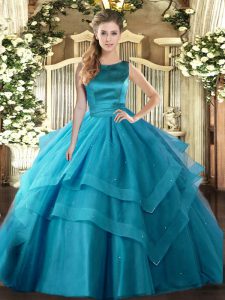 Teal Sleeveless Tulle Lace Up Quinceanera Gowns for Military Ball and Sweet 16 and Quinceanera