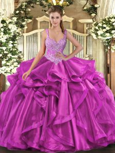 Fancy Fuchsia Sleeveless Organza Lace Up Sweet 16 Quinceanera Dress for Military Ball and Sweet 16 and Quinceanera