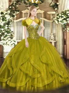 Adorable Sweetheart Sleeveless 15 Quinceanera Dress Floor Length Beading and Ruffles Olive Green Tulle