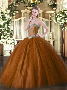 Custom Fit Tulle Sweetheart Sleeveless Lace Up Beading Quince Ball Gowns in Rust Red