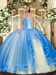 Latest Baby Blue Ball Gowns Sweetheart Sleeveless Tulle Floor Length Lace Up Beading and Ruffles Quinceanera Dresses