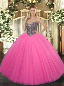 Captivating Sweetheart Sleeveless Lace Up Quince Ball Gowns Hot Pink Tulle