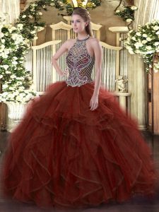 Floor Length Rust Red Quinceanera Dress Halter Top Sleeveless Lace Up