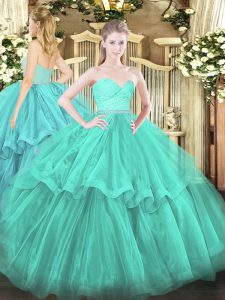 Modest Aqua Blue Ball Gowns Sweetheart Sleeveless Tulle Brush Train Zipper Beading and Lace and Ruffled Layers Sweet 16 Quinceanera Dress
