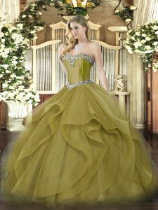 Beautiful Olive Green Tulle Lace Up Sweetheart Sleeveless Floor Length Ball Gown Prom Dress Beading and Ruffles