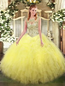 Admirable Ball Gowns 15 Quinceanera Dress Yellow Scoop Tulle Sleeveless Floor Length Lace Up