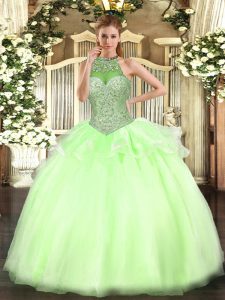 Sexy Floor Length Yellow Green Quince Ball Gowns Halter Top Sleeveless Lace Up