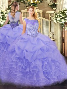 Beautiful Lavender Ball Gowns Organza Scoop Sleeveless Beading and Ruffles Zipper Quinceanera Gowns