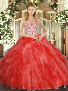 Shining Coral Red Organza Lace Up Straps Sleeveless Floor Length Party Dress Wholesale Beading and Ruffles