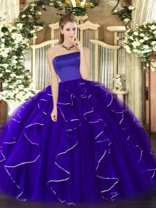 Floor Length Zipper Vestidos de Quinceanera Blue for Military Ball and Sweet 16 and Quinceanera with Ruffles