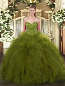 Olive Green Casual Dresses Military Ball and Sweet 16 and Quinceanera with Beading Sweetheart Sleeveless Lace Up