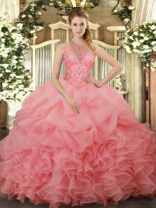 Sweet Ball Gowns Sweet 16 Dress Watermelon Red Halter Top Organza Sleeveless Floor Length Lace Up