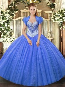 Noble Blue Lace Up Ball Gown Prom Dress Beading Sleeveless Floor Length