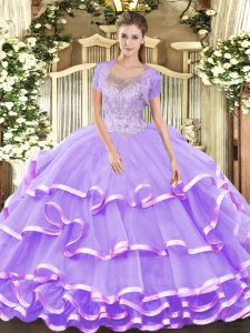 Deluxe Tulle Scoop Sleeveless Lace Up Beading and Ruffled Layers Vestidos de Quinceanera in Lavender