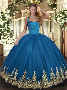 Sophisticated Halter Top Sleeveless Lace Up Ball Gown Prom Dress Blue Tulle