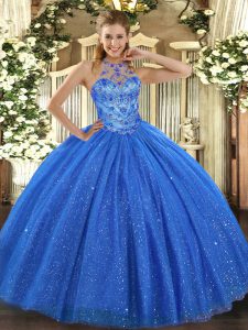 Fabulous Halter Top Sleeveless Tulle Vestidos de Quinceanera Beading and Embroidery Lace Up