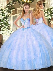 Floor Length Lace Up Quinceanera Dress Light Blue for Military Ball and Sweet 16 and Quinceanera with Beading and Ruffles