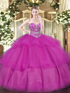 Sweetheart Sleeveless Lace Up Ball Gown Prom Dress Fuchsia Organza