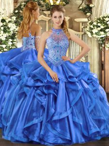 Ball Gowns Sweet 16 Dress Blue Halter Top Organza Sleeveless Lace Up