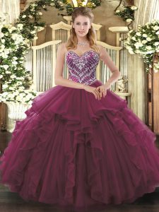Vintage Burgundy Ball Gowns Tulle Sweetheart Sleeveless Beading and Ruffles Floor Length Lace Up 15 Quinceanera Dress