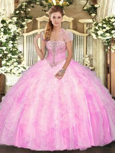 Pretty Rose Pink Sleeveless Floor Length Appliques and Ruffles Lace Up Quince Ball Gowns
