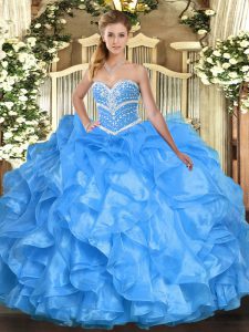 Sophisticated Sleeveless Organza Floor Length Lace Up Ball Gown Prom Dress in Baby Blue with Beading and Ruffles