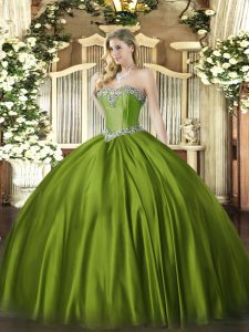Sexy Olive Green Lace Up Quince Ball Gowns Beading Sleeveless Floor Length