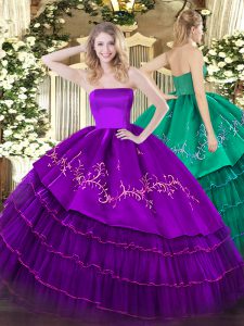 Dazzling Sleeveless Organza and Taffeta Floor Length Zipper Vestidos de Quinceanera in Purple with Embroidery and Ruffled Layers