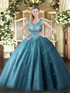 Inexpensive Teal Lace Up Scoop Beading and Appliques Sweet 16 Dresses Tulle Sleeveless