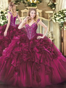 Spectacular Organza V-neck Sleeveless Lace Up Beading and Ruffles 15th Birthday Dress in Fuchsia