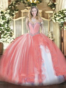 Coral Red Ball Gowns Beading and Ruffles 15 Quinceanera Dress Lace Up Tulle Sleeveless Floor Length