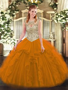 Flirting Orange Red Ball Gowns Beading and Ruffles 15th Birthday Dress Lace Up Tulle Sleeveless Floor Length