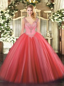 Coral Red Quinceanera Gowns Military Ball and Sweet 16 and Quinceanera with Beading V-neck Sleeveless Lace Up