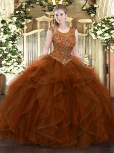 Brown Tulle Zipper Scoop Sleeveless Floor Length Ball Gown Prom Dress Beading and Ruffles
