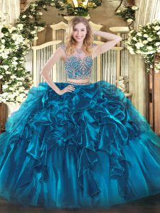 Free and Easy Blue Two Pieces Organza Scoop Sleeveless Beading and Ruffles Floor Length Lace Up Quinceanera Gowns