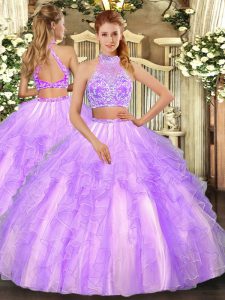 Tulle Halter Top Sleeveless Criss Cross Beading and Ruffled Layers Sweet 16 Dress in Lavender
