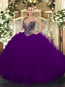 Pretty Dark Purple Sleeveless Floor Length Beading and Ruffles Lace Up 15 Quinceanera Dress