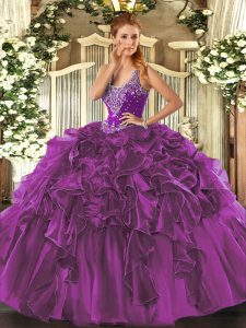 Spectacular Ball Gowns 15 Quinceanera Dress Eggplant Purple Straps Organza Sleeveless Floor Length Lace Up