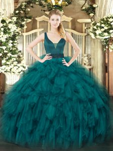Stunning Teal Straps Zipper Beading and Ruffles Military Ball Gowns Sleeveless