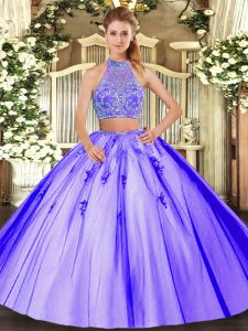 Lavender Tulle Criss Cross Halter Top Sleeveless Floor Length Ball Gown Prom Dress Beading