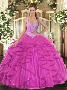 Latest Fuchsia Ball Gowns Tulle Straps Sleeveless Beading and Ruffles Floor Length Lace Up Quinceanera Gowns