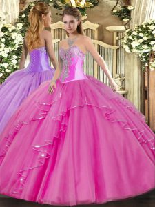 Sophisticated Sweetheart Sleeveless Quinceanera Dresses Floor Length Beading and Ruffles Fuchsia Tulle
